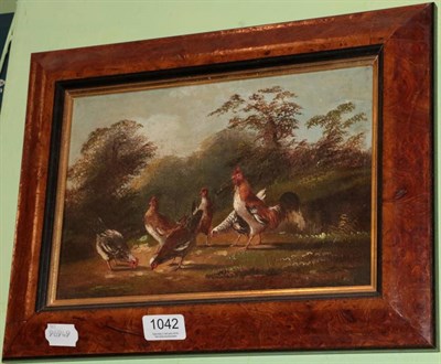 Lot 1042 - ~ English School (19th century) Cockerel & chickens, unsigned, oil on canvas, 19cm by 28cm...