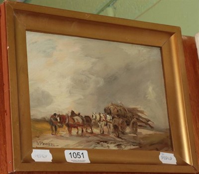 Lot 1051 - ~ Attributed to William Manners (1860-1930) Horse and cart, signed, oil on board, 17cm by 25cm