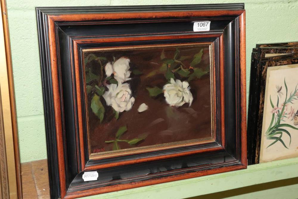 Lot 1067 - Alan Flood (b.1951), Still life of white roses, signed, oil on panel, 19.5cm by 27cm