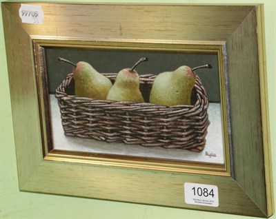 Lot 1084 - Arthur Baglee (b.1947) Still life of pears in a basket, signed, oil on panel, 10.5cm by 20.5cm