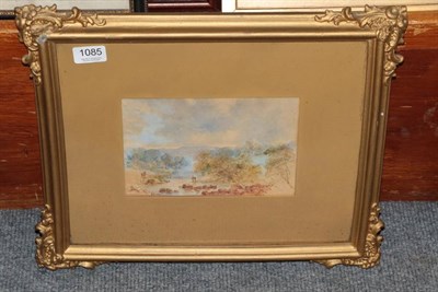 Lot 1085 - British School (19th century) River landscape with figures, indistinctly signed, watercolour,...