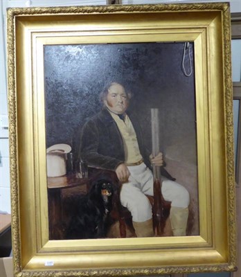 Lot 1095 - British School (19th century), Portrait of a gentleman seated with shotgun and Spaniel, oil on...