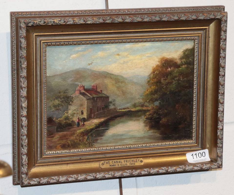 Lot 1100 - ~ Attributed to Mary.E.Ellis (20th century) 'The canal, Frickley', oil on canvas, 16cm by 23cm