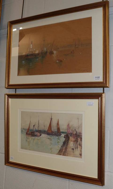 Lot 1105 - ~ Frank Rousse (fl.1895-1917) 'Yarmouth', singed, watercolour, 23cm by 40cm; with another by...