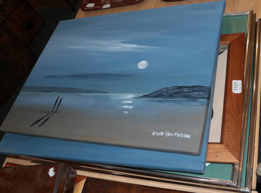 Lot 1121 - Steve Hawthorn, Moonlit seascape with two figures, signed, oil on canvas, together with a...