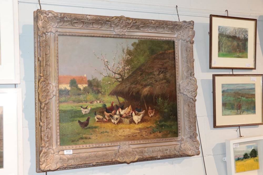 Lot 1131 - ~ J. Geroux (19th/20th century) Farmyard scene, singed, oil on canvas, 53cm by 63cm