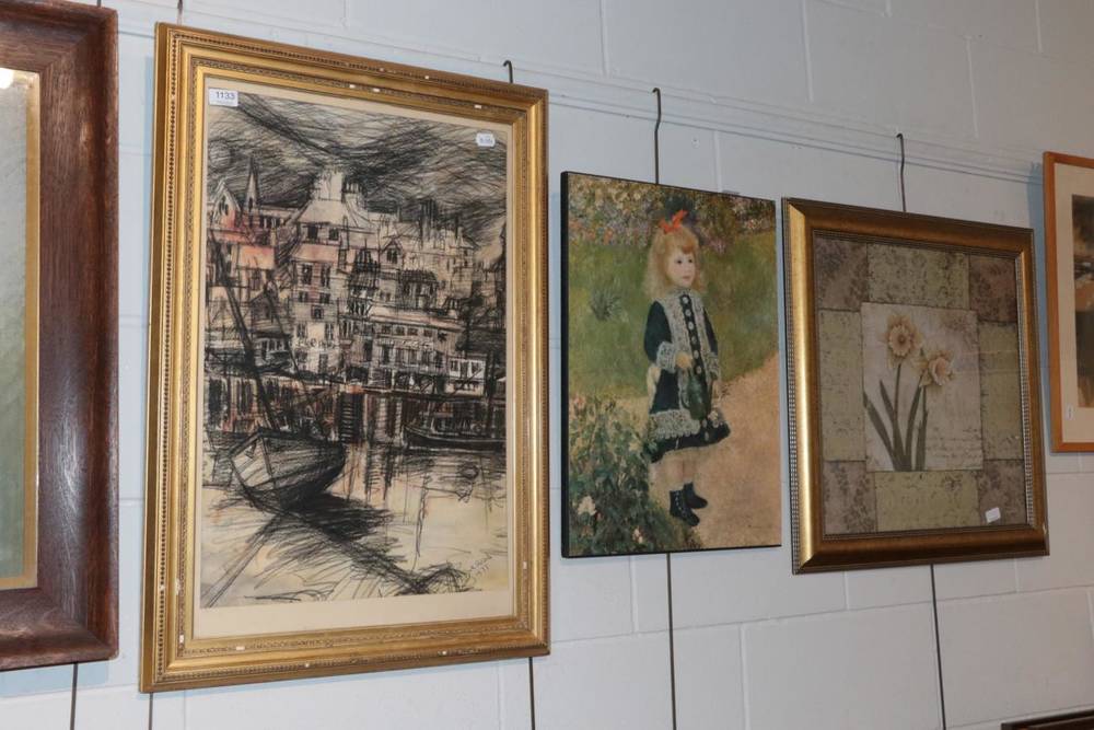 Lot 1133 - J K Sheard (20th century) Harbour cafe, crayon on paper, signed and dated 1977; together with a...