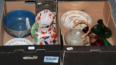 Lot 1188 - Assorted ceramics and glass including ironstone jug; a pair of Copeland plates; a ribbon plate;...