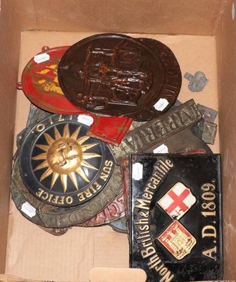 Lot 1193 - ~ Sixteen assorted tin plate fire marks to include: North British and Mercantile, Sunfire...