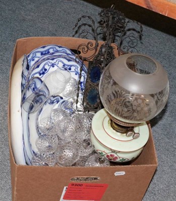 Lot 1198 - A part flow blue dinner service; an oil lamp; and a set of twenty four wine glasses