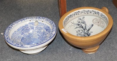 Lot 1204 - ~ A 19th century blue and white transfer printed ceramic cistern and later 19th century...