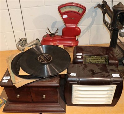 Lot 1212 - ~ Two brown Bakelite cased radios; a red painted set of bench top scales labelled B W & S...