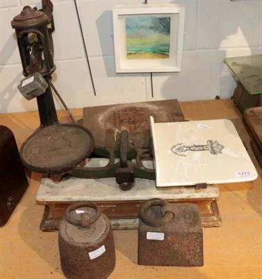 Lot 1213 - ~ Victorian bench top kitchen scales with grey and vein marble base; a set of cast metal scales...