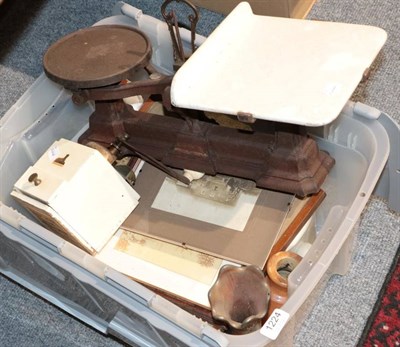 Lot 1224 - ~ A set of scales; coffee grinders, pine posser, mahogany till, light shade etc