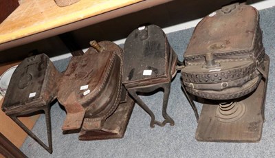 Lot 1227 - ~ Four assorted leather and studded foot bellows, the largest example labelled Siebe Gorman &...