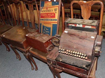 Lot 1235 - ~ A Rowntrees York Milk Chocolate advertising board; an Edwardian metal cash till with mahogany...