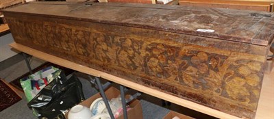 Lot 1288 - ~ A pine and poker work decorated hinged chest of large proportions, the boarded top above...