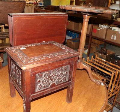 Lot 1322 - A carved oak sewing box with hinged lid; a George III mahogany tripod table (faded); an...