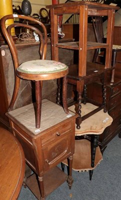 Lot 1329 - An oak and marble topped pot cupboard; a child's Bentwood chair; an oak side table; an ebonised...