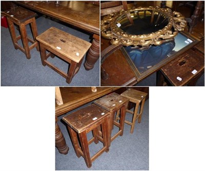 Lot 1332 - A pair of 19th century oak side tables; a child's Bentwood chair; seven assorted pine stools; a...