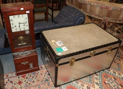 Lot 1359 - ~ An early 20th century mahogany cased clocking in machine together with a hinged trunk (2)