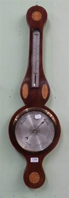 Lot 1396 - A Victorian mahogany and marquetry inlaid banjo barometer, with silvered dial bearing later...