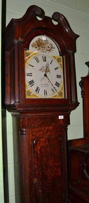 Lot 1421 - ~ A George III oak and mahogany 30 hour longcase clock, Thos. Allkins, Fazeley, painted arch...