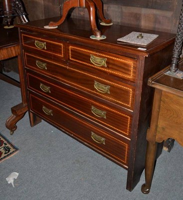 Lot 1440 - Mahogany and parquetry decorated five drawer straight fronted chest of drawers, 106cm wide