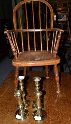 Lot 1445 - Two pairs of 19th century candlesticks with a 19th century child's elm seated Windsor chair (5)