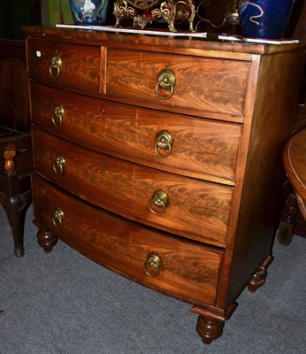 Lot 1468 - Late George III mahogany bow fronted five drawer chest on turned feet, 102cm wide