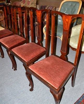 Lot 1490 - Set of four 1920s mahogany and marquetry inlaid dining chairs with drop-in seat