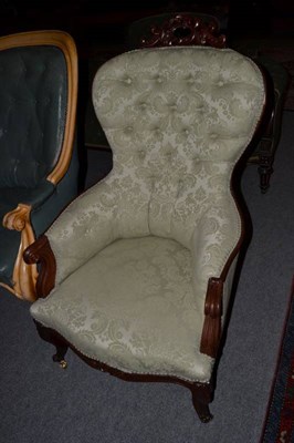 Lot 1491 - Victorian carved walnut armchair recovered in green fabric