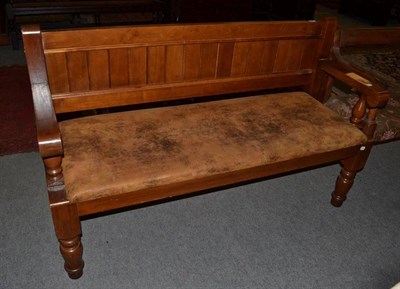 Lot 1496 - Hardwood bench, modern, with leather seat, 150cm wide