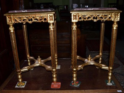 Lot 1498 - A pair of gilt and pink marble tables in the Louis XV style, modern, 72cm high