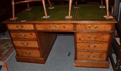 Lot 1502 - George III style walnut double pedestal desk with green leather top, 156cm wide