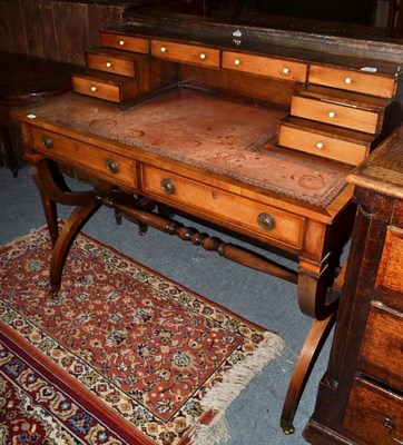 Lot 1506 - Reproduction mahogany leather writing table with superstructure fitted a brass 3/4 gallery,...