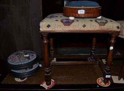 Lot 1514 - Victorian walnut and parquetry decorated footstool, and a pair of Victorian bead work...