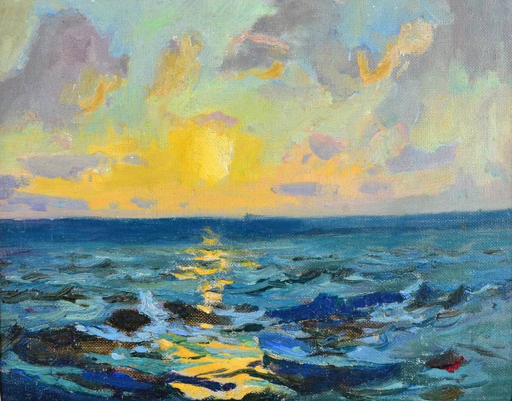 Lot 5 - Richard Hayley Lever (1876-1958) Sunset With studio stamp to stretcher, oil on canvas, 24.5cm...