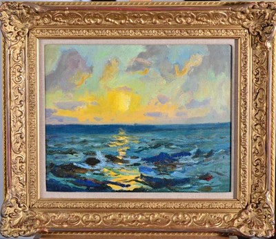Lot 5 - Richard Hayley Lever (1876-1958) Sunset With studio stamp to stretcher, oil on canvas, 24.5cm...