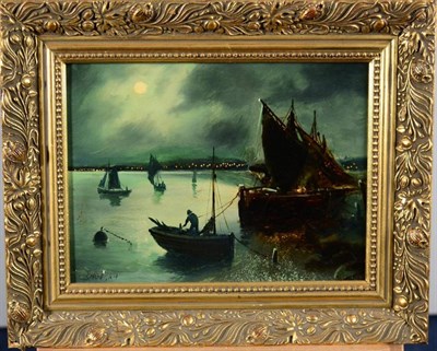 Lot 13 - Walter Linsley Meegan (1859-1944)  Nocturne scene with fishing boats Signed, oil on board, 21cm...