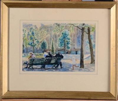 Lot 16 - Frederick (Fred) Cecil Jones RBA (1891-1966) Figures strolling beneath a canopy of trees,...
