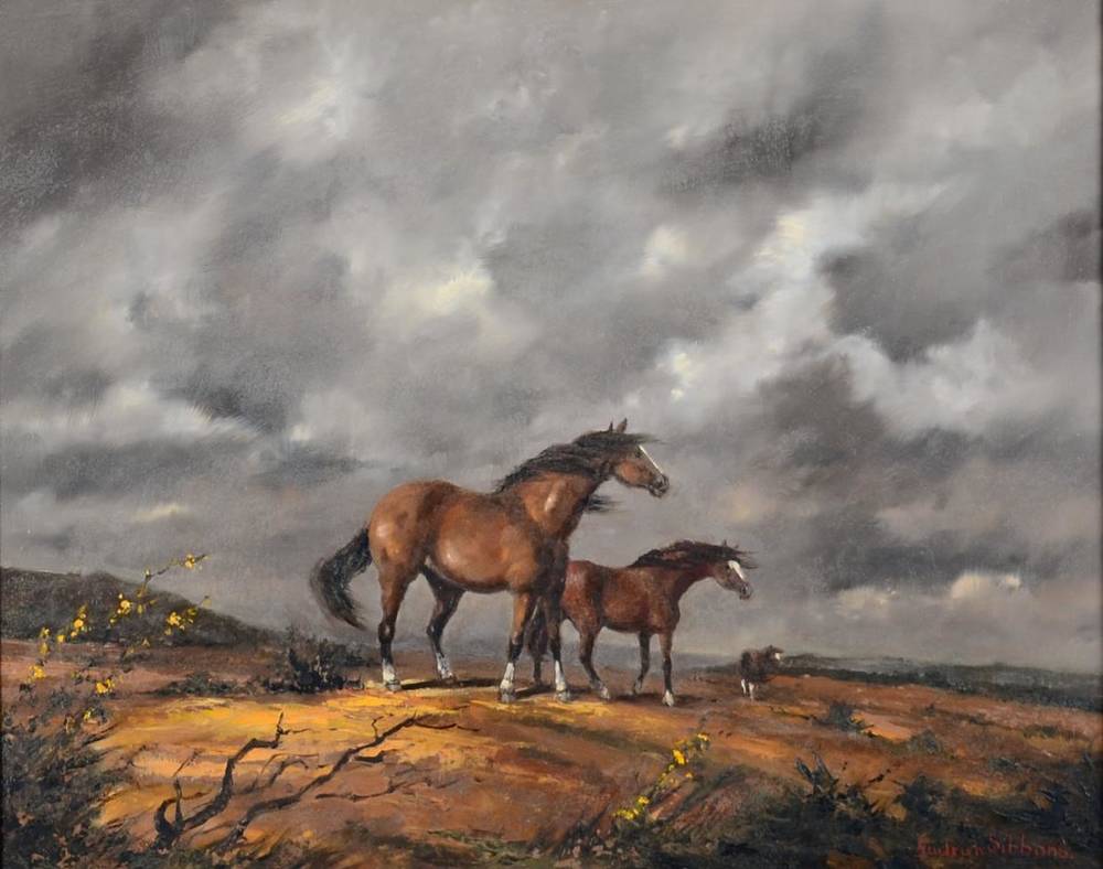 Lot 21 - Gudrun Sibbons (20th/21st century) Three horses in a windswept moorland landscape Signed, oil...