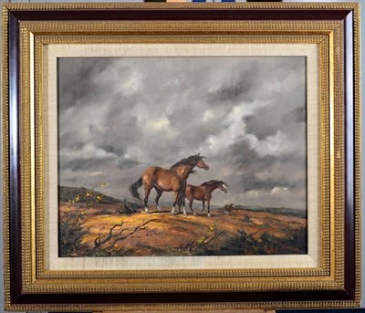 Lot 21 - Gudrun Sibbons (20th/21st century) Three horses in a windswept moorland landscape Signed, oil...