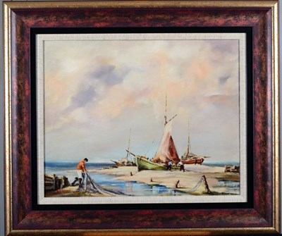 Lot 22 - Gudrun Sibbons (20th/21st century) Figure hauling nets on a coastline Signed, oil on board, 40cm by