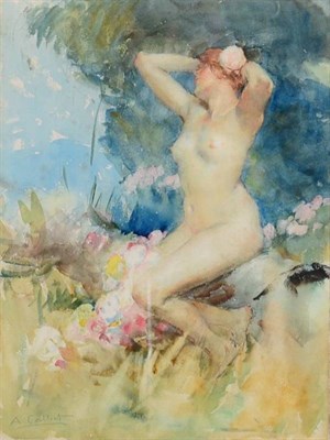 Lot 24 - Antoine Calbet (1860-1944) French  Female nude seated amongst flowers and foliage   Signed,...