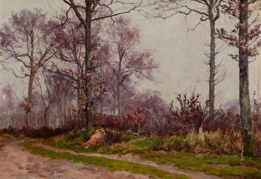 Lot 25 - William Baptiste Baird (1847-1899) American  Autumnal wooded path  Initialled, oil on canvas,...