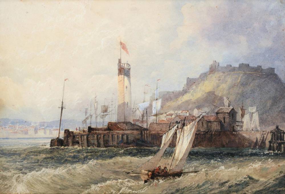 Lot 30 - Attributed to Henry Barlow Carter (1804-1868)  Choppy waters off Scarborough Harbour...