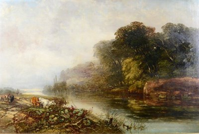 Lot 34 - Arthur James Stark (1831-1902)  Herdsman with sheep and cattle at a river crossing Oil on...