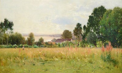 Lot 40 - Ernest Parton (1845 - 1938) Flower meadow with figures before a country cottage Signed, oil on...