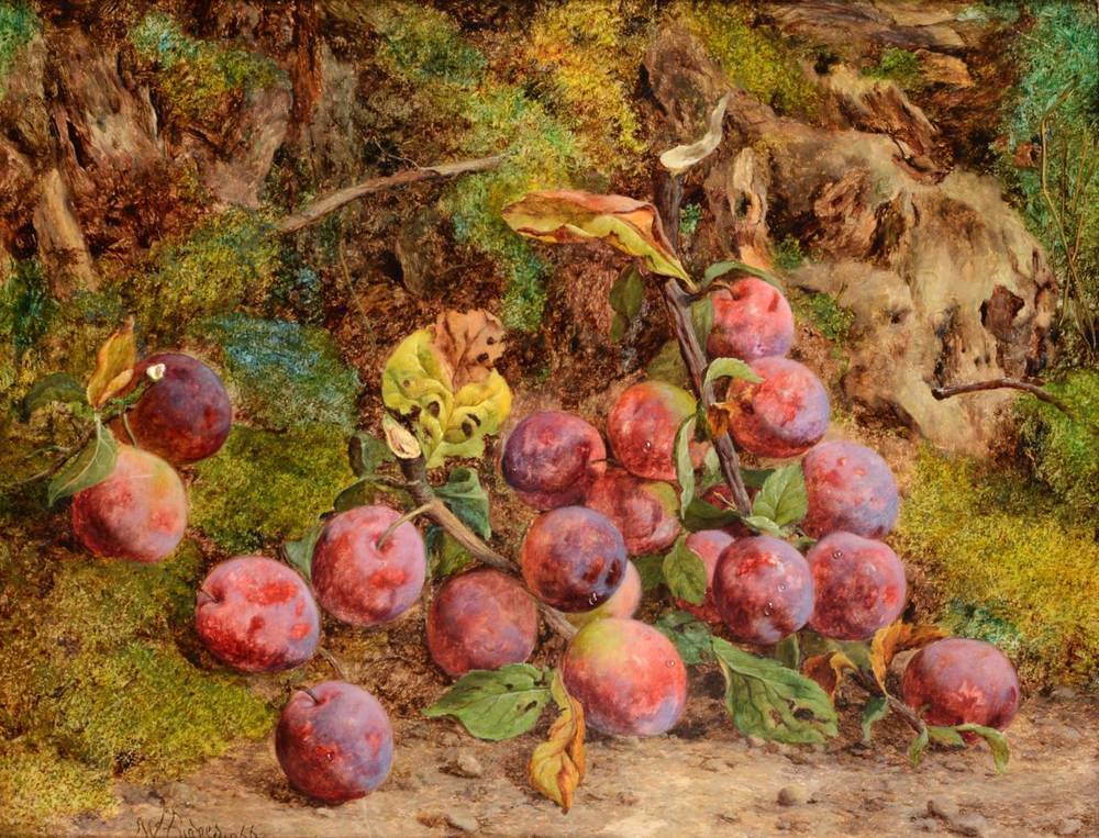 Lot 41 - William Hughes (1842 - 1901) Still life with plums and a tree stump Signed and dated 1866, oil...